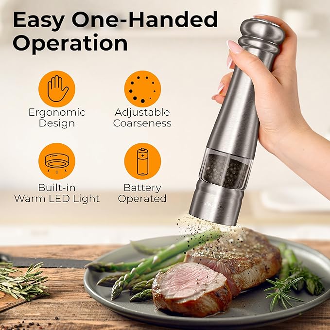 Electric Salt and Pepper Grinder Set, Automatic Battery Operated Salt and Pepper Shakers set with LED Light, Adjustable Coarseness, One Hand Operation, Refillable Grinder Set