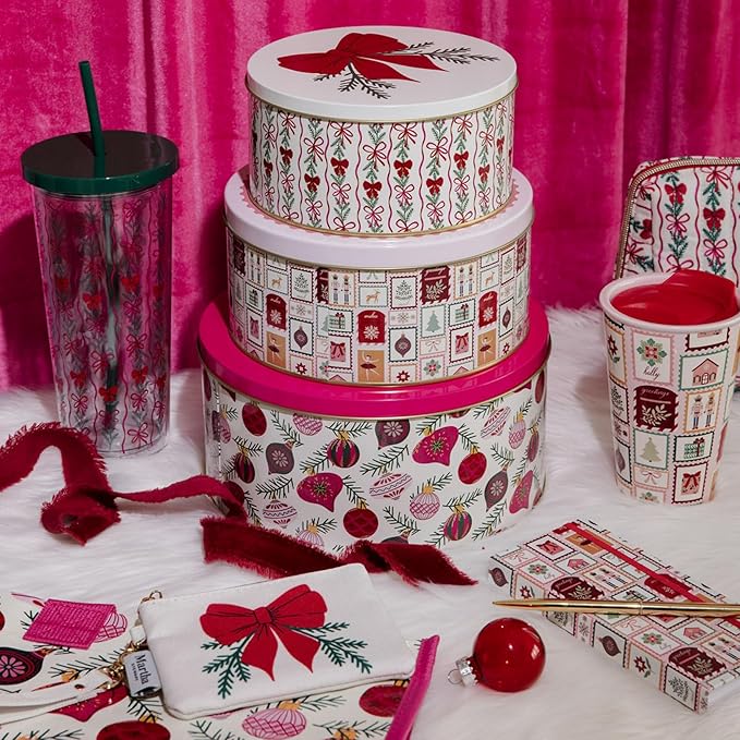 Martha Stewart Metal Cookie Tins, 3-Piece Nesting Set, Small, Medium & Large, Christmas Containers for Gift & Storage (Ornaments and Bows)