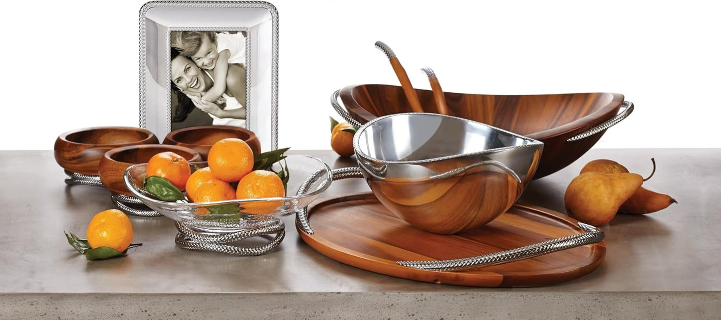Nambe Braid 19-Inch Serving Platter - Modern Scandinavian Wood Tray with Braided Chrome Handles, Elegant Entertaining & Dining Piece for Charcuterie, Appetizers & Cocktails