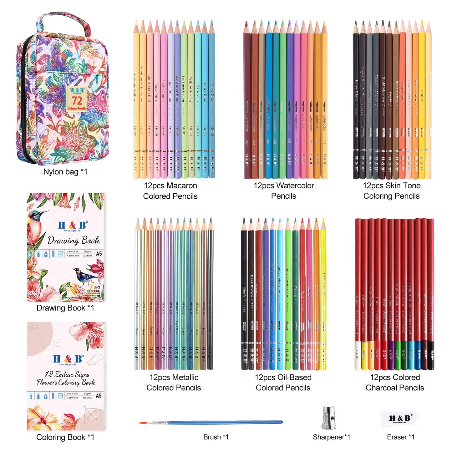 H & B Art Supplies, 72 Pack Drawing Supplies for Adults, Drawing Kit with Drawing Book, Coloring Book, Watercolor, Metallic Charcoal Macaron Oil-Based Coloured Pencils for Artists