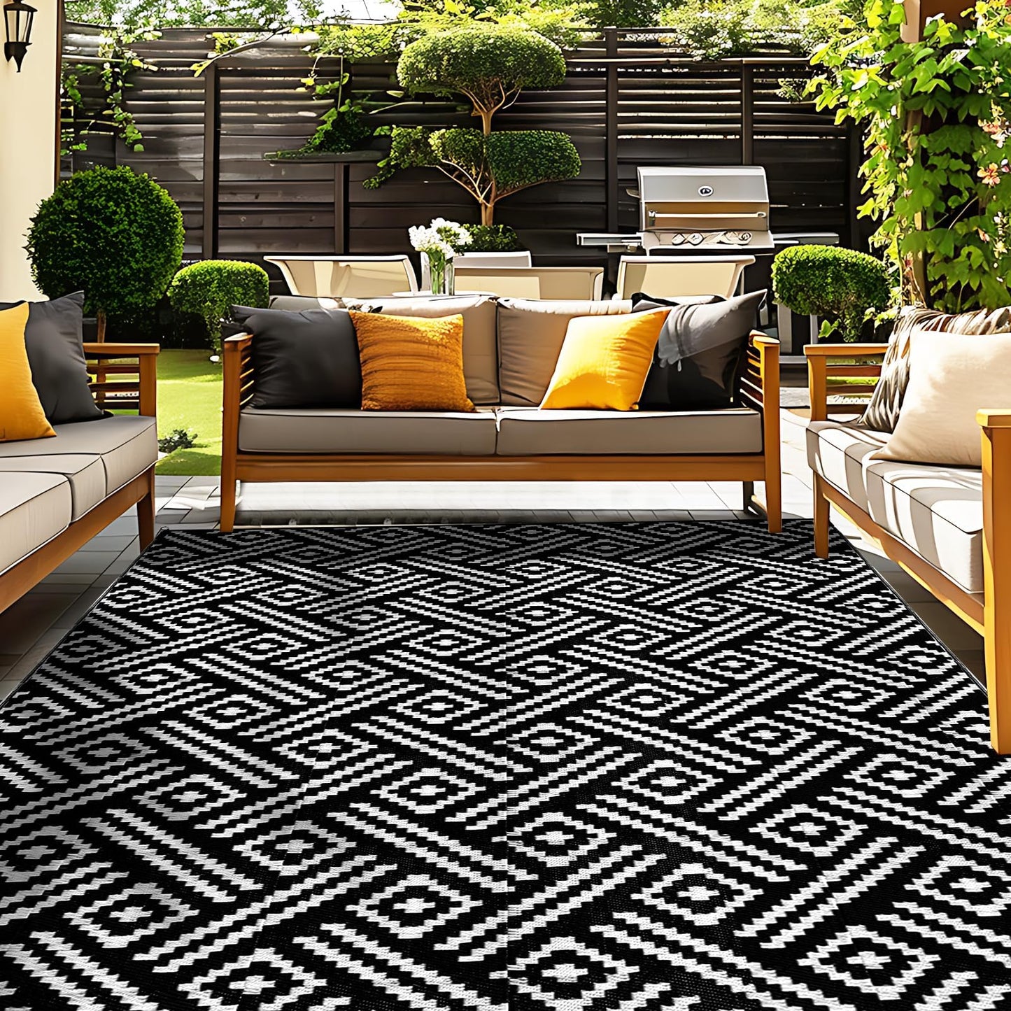 OPPODREAM Outdoor Rug 8x10 Patio Waterproof, Large Outdoor Plastic Straw Rug, Reversible Out Door Carpet for Camping, Deck, Rv, 8 x 10 Area Carpet for Balcony, Porch, Backyard, Black and White