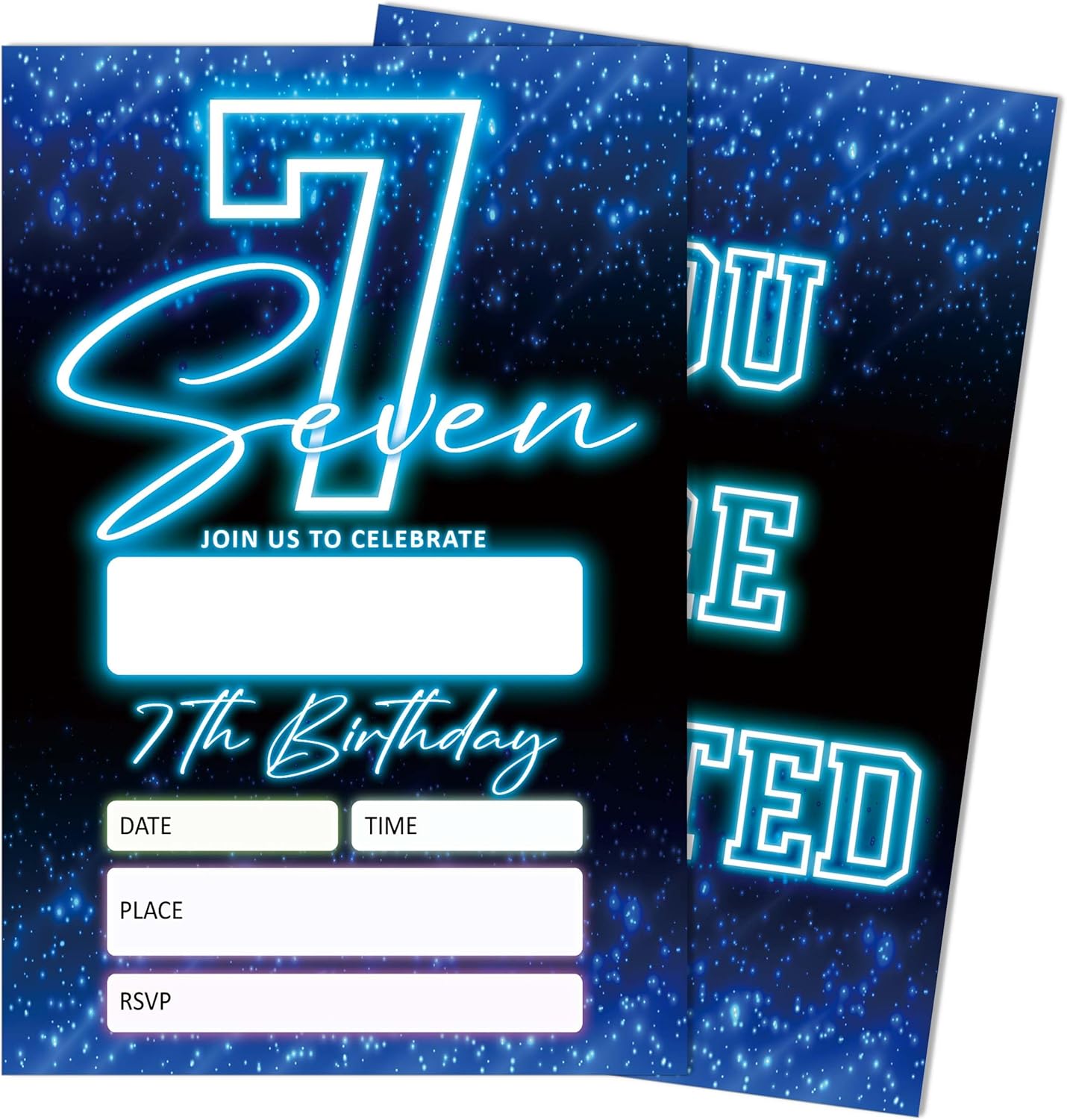SIXEIGHT Blue 7th Birthday Invitations for Boys, Neon Glow Party Invitations for Girls Kids, 20 Pack Double Sided Invite Cards with Envelopes, 7th Glow Neon Birthday Party Decorations, 4x6 Inch-C07
