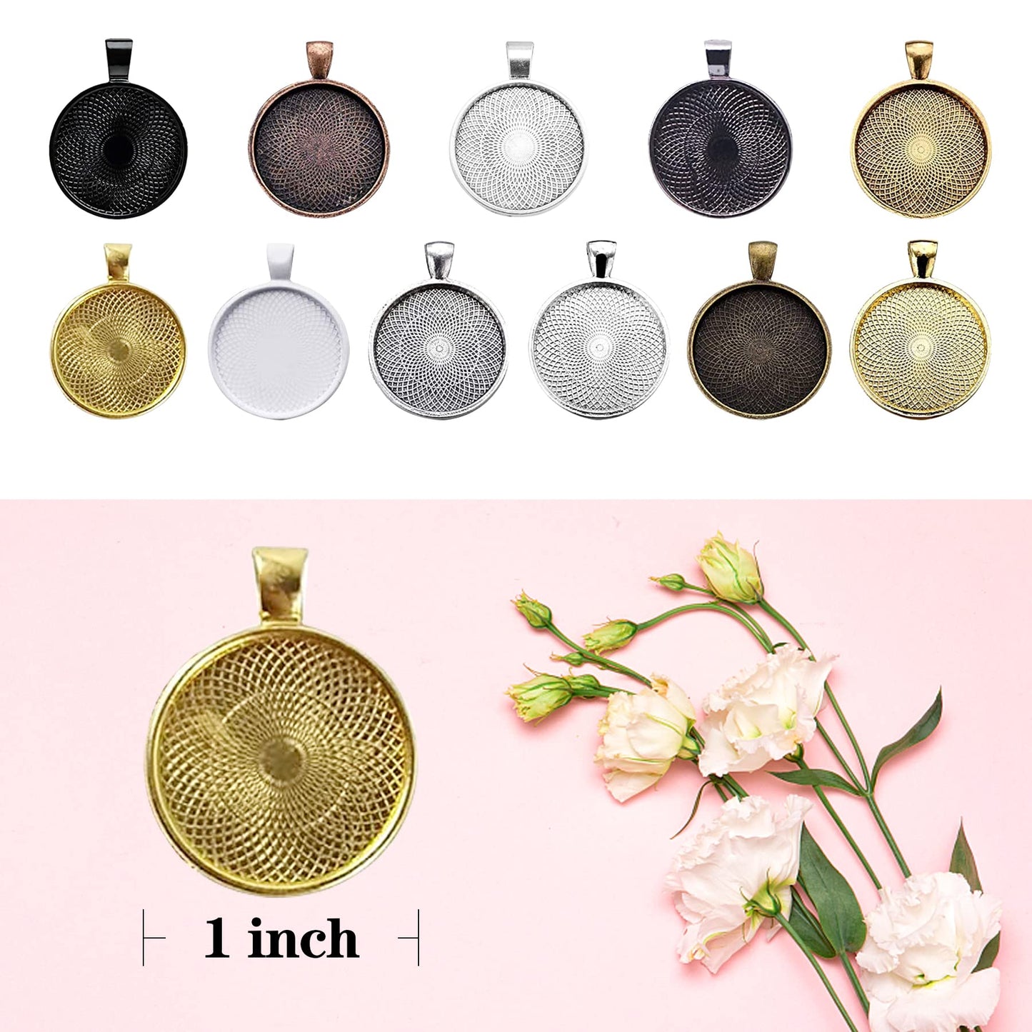 Csdtylh 110Pcs Pendant Trays, Round Tray Set, Alloy Tray Charms Bulk, Bezel Pendant Trays for Homemade Jewelry and Necklaces, DIY Crafts, Resin Art, Paint Pour Skins, Costume Jewelry