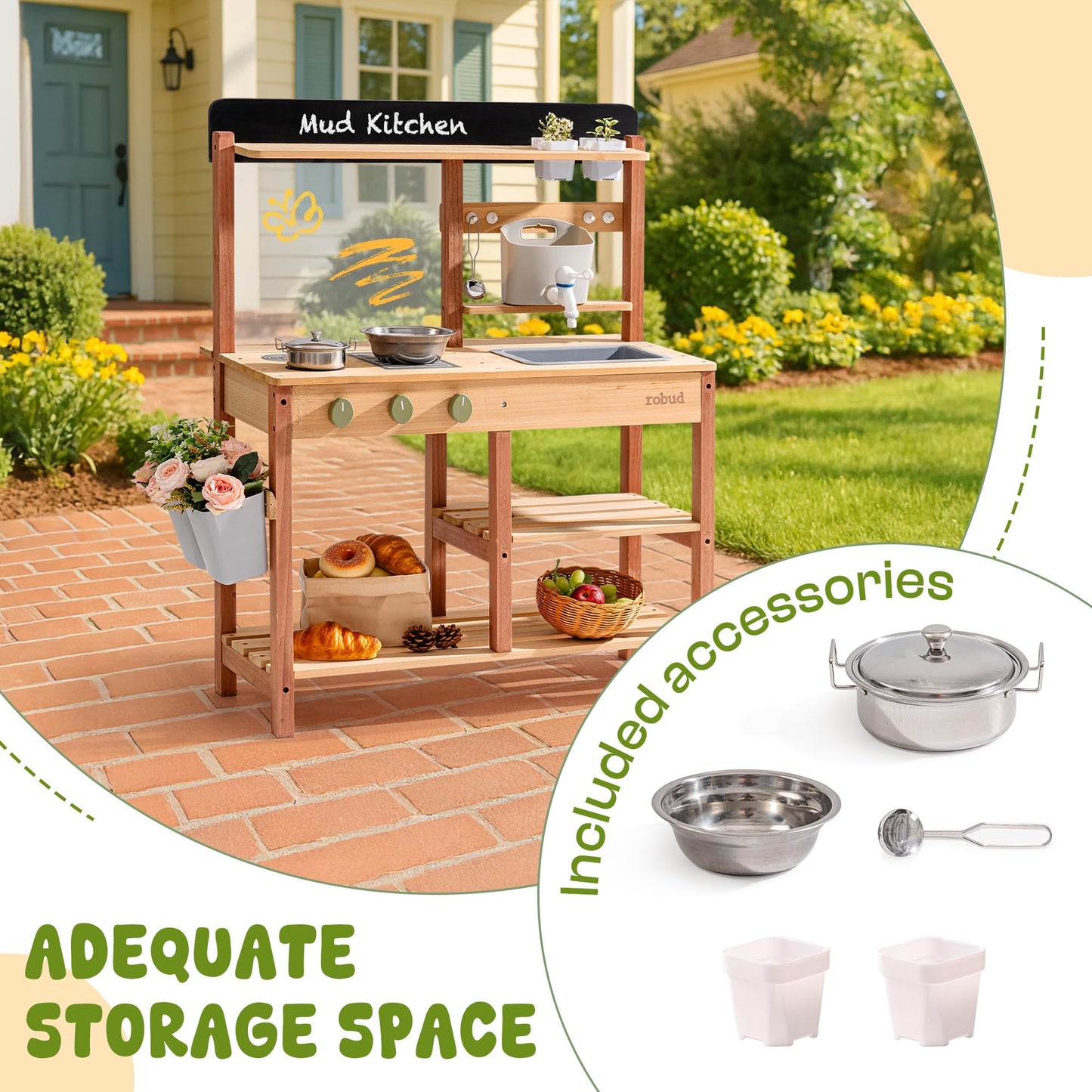 Robud Wooden Mud Kitchen for Kids, Outdoor Pretend Play Kitchen Set with Running Water Sink, Faucet, Planting Pots & Cooking Accessories, Educational Outdoor Toy Gift for Boys & Girls Ages 3+