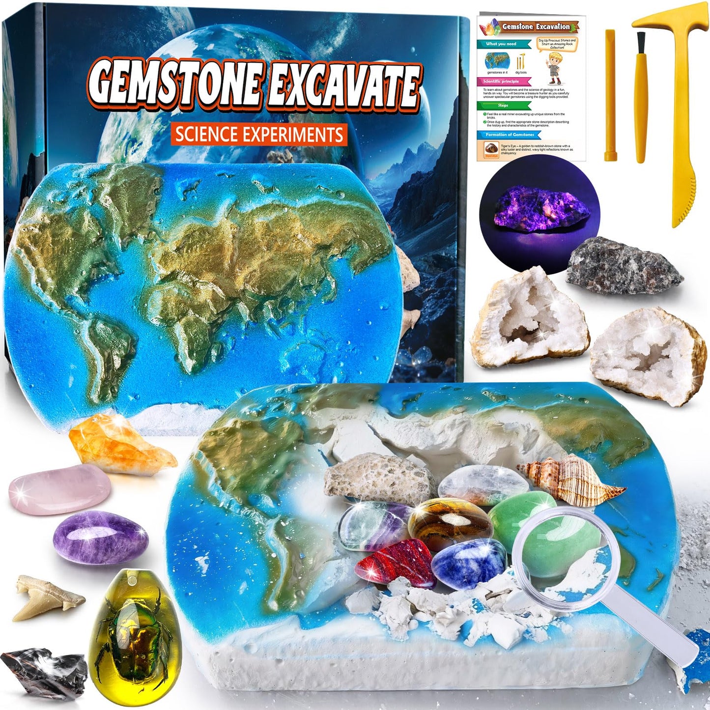 UNGLINGA Gemstones Excavate Gem Rock Dig Kit for Kids Boys Girls Birthday Gifts Ideal - 15 Different Real Gem Stones & Fossils Excavation Set with Dig Tools, Educational Geology Science S.T.E.M Toys