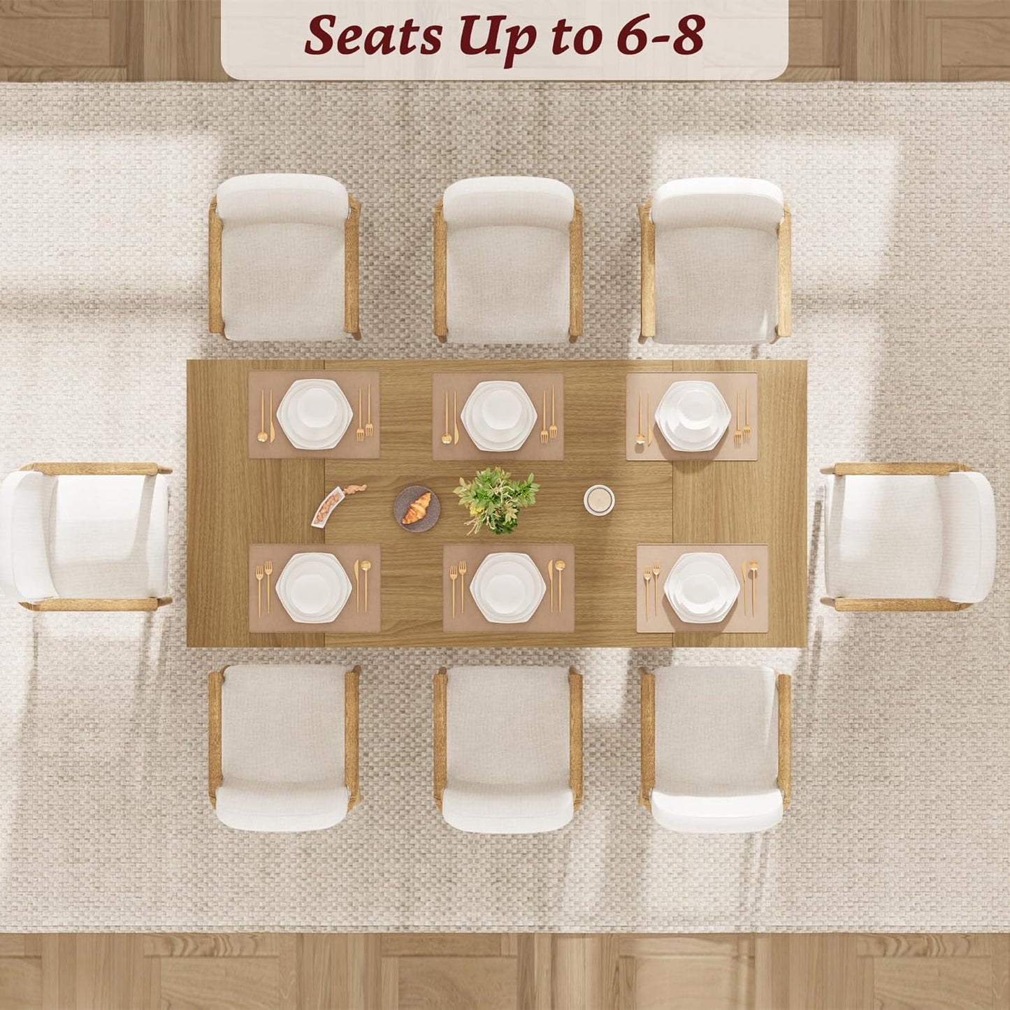 71" Large Dining Table for 6, Farmhouse Kitchen Table with Padded Top and Unique V-Shaped Feet, Rectangular Wooden Dining Table for 8 People for Home, Dining Room, Kitchen, Office,Natural