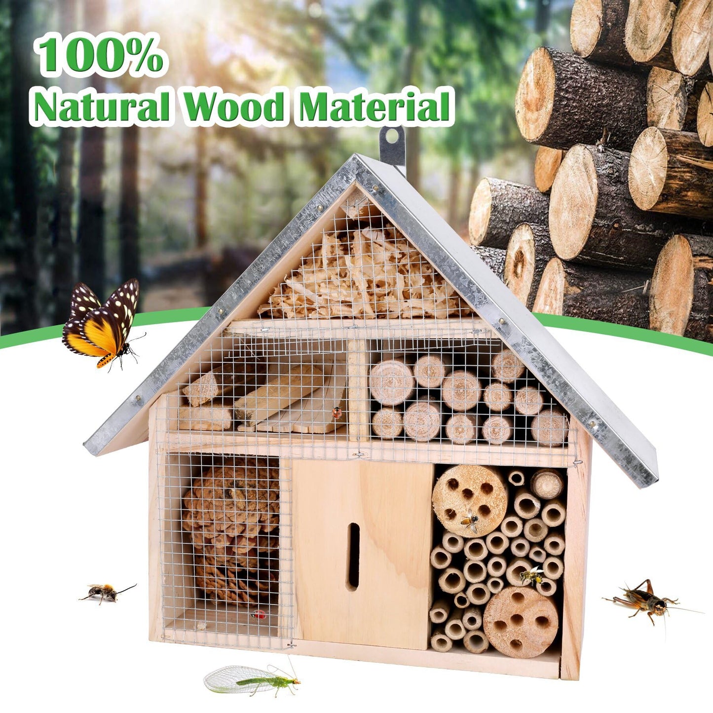 Hanging Bee House Wooden Insect House, Natural Habitat for Beneficial Bees, Bugs, Butterflys, Ladybirds Insect Hotels Garden Yard Home