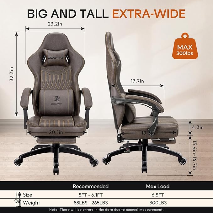 Dowinx Gaming Chair Breathable PU Leather Gamer Chair with Footrest Massage Lumbar Support, Big and Tall Ergonomic Reclining Computer Chair with Pocket Spring Cushion for Adults Teens (Brown)