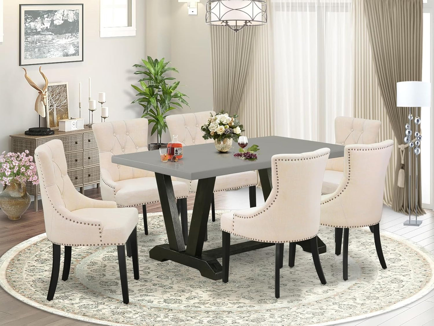 East West Furniture V696FR102-7 7 Piece Dinette Set Consist of a Rectangle Dining Room Table with V-Legs and 6 Light Beige Linen Fabric Upholstered Parson Chairs, 36x60 Inch, Multi-Color