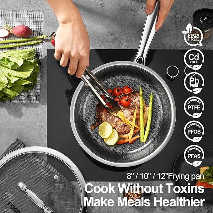 FogDream 3 Pcs Non Stick Frying Pans with 3 Lids, 8, 10 & 12 Inch Stainless Steel Skillets, Tri-Ply Stainless Steel for All Cooktops, Dishwasher & Oven-Safe Cooking Pan, Stay-Cool Handle, Silver