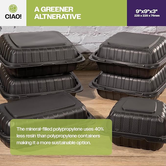 CIAO! 9"x9"x3" MFPP Black Hinged Container With Lid 1 Compartment (Case of 150)