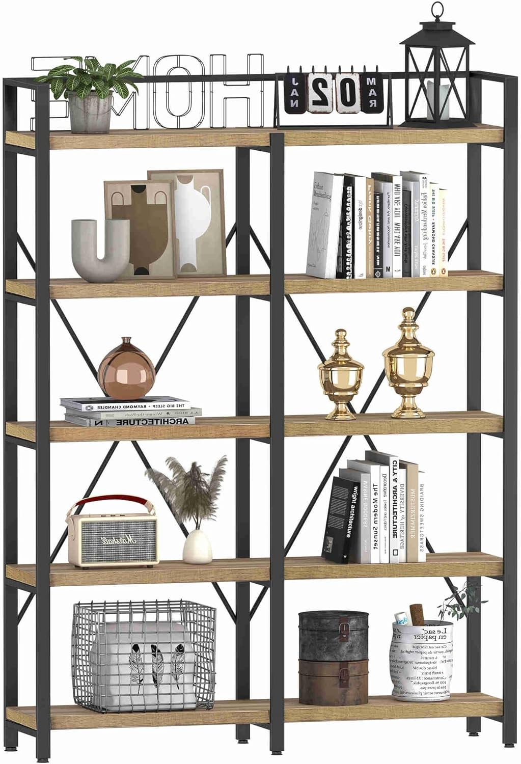 FATORRI Bookshelf, 5 Tier Industrial, Tall Etagere Bookcase, Rustic Wood and Metal Book Shelf with Large Open Shelving Unit for Home Office Living Room (Rustic Oak, 51 Inch Wide)