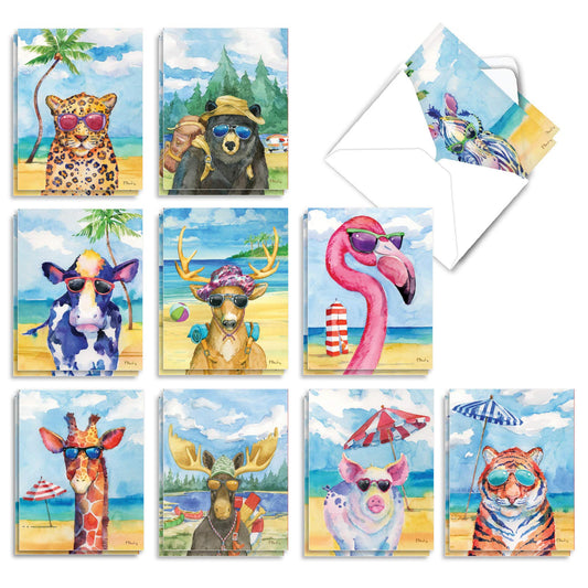 The Best Card Company - 20 Assorted Bulk Wildlife Whimsical Greeting Cards Boxed Set (4 x 5.12 Inch) Wildlife Variety Notecards for Kid (10 Designs, 2 Each) - Animal's Day Off AM6670OCB-B2x10