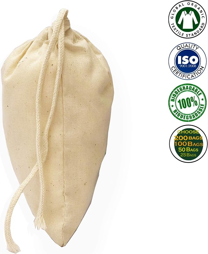 10x12 Inches Natural Cotton Reusable Produce Muslin Bags – Multipurpose Drawstring Storage Pouch for Everyday Use (25)