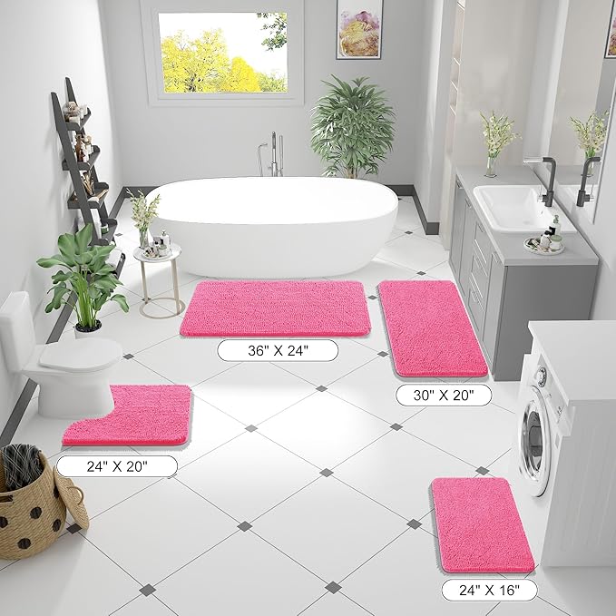 OLANLY Bathroom Rugs 70x46, Extra Soft Absorbent Chenille Bath Rugs, Rubber Backing Quick Dry, Machine Washable Bath Mats for Bathroom Floor, Tub and Shower, Home Decor Accessories, Hot Pink