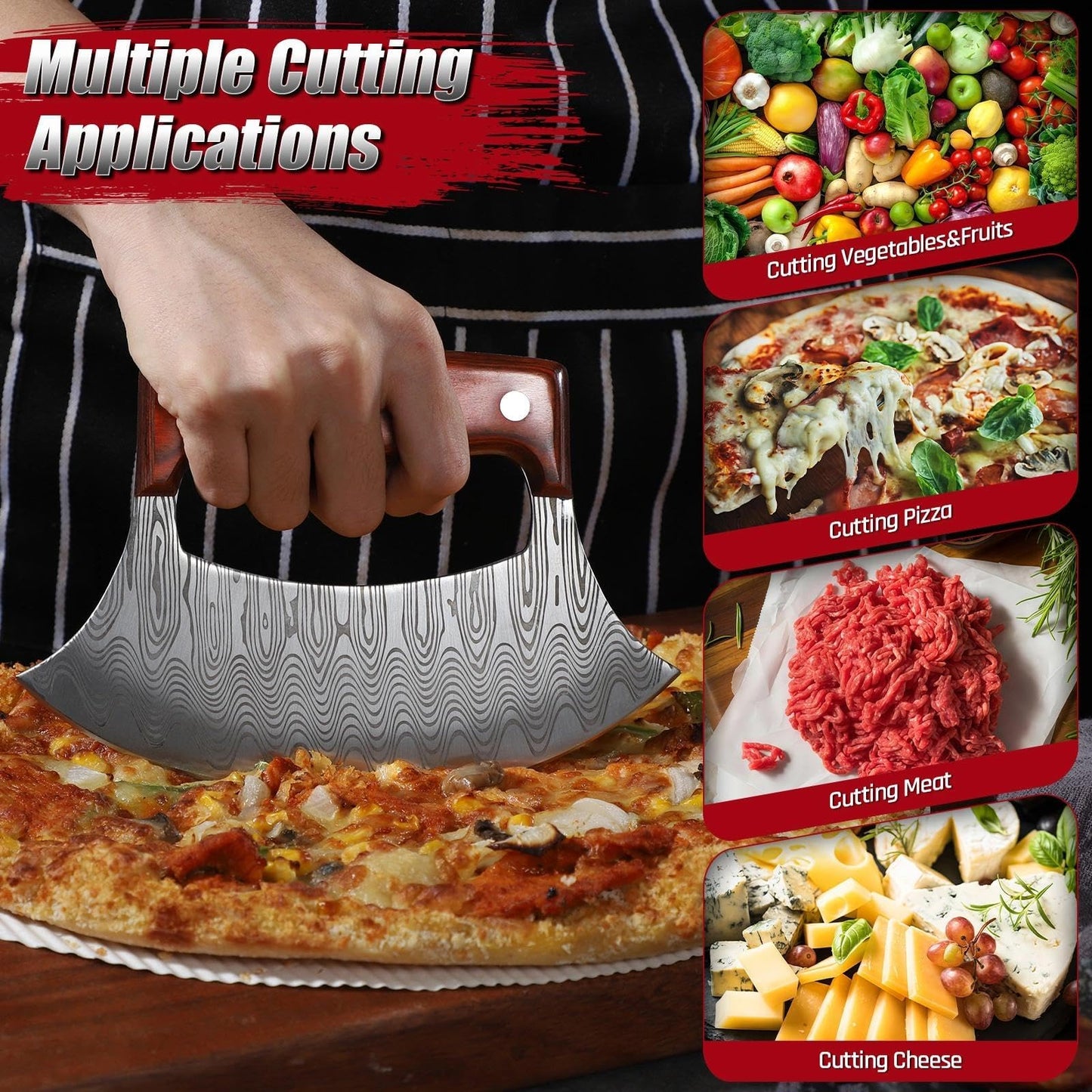 ROCOCO Pizza Cutter Ulu Knife – Full Tang Mezzaluna Rocker Knife with Wood Block for Kitchen Birthday Gifts for Men Women