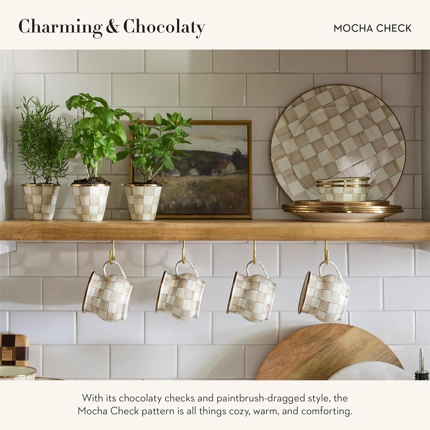 MACKENZIE-CHILDS Enamel Charger Plate, Charger Decoration Plate for Dinner Plates or Home Decor, 12 Inches, Brown-and-White Mocha Check