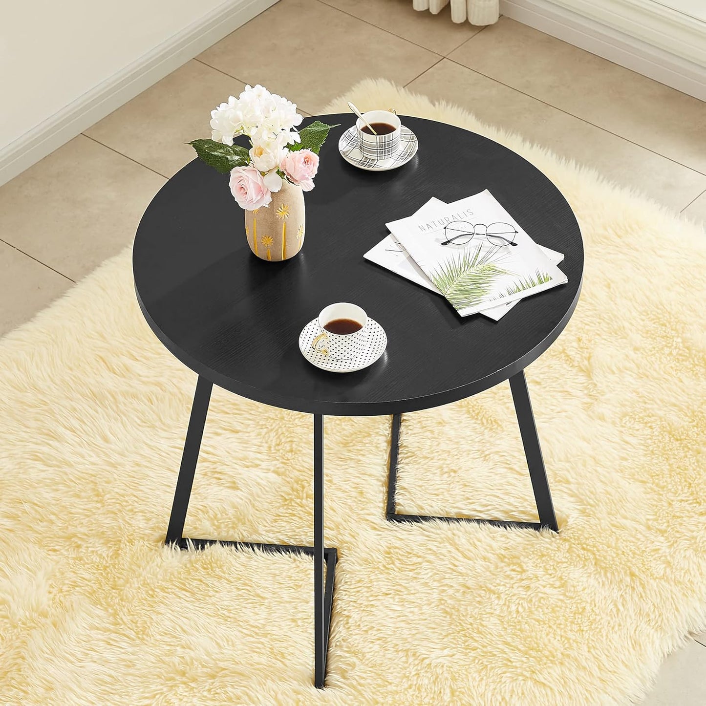 VECELO Round Dining Room Table with Wood Grain Tabletop and Steel Frame, for Kitchen, Living Room, Office, Conference, 2 to 4 Person, Black