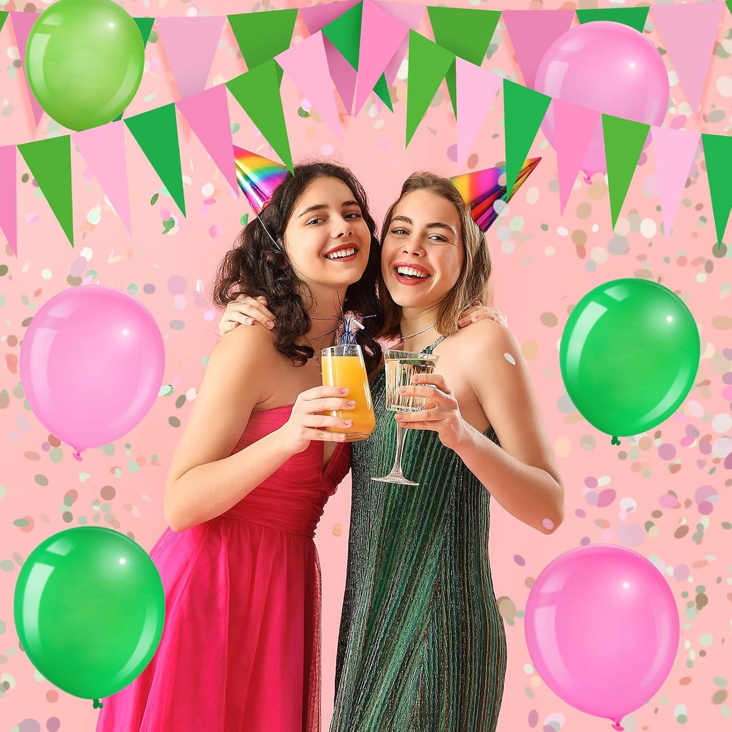 Pasimy 49.21 ft 60 Pieces Party Pennant Banner Flags Decorations String Triangle Flags for Birthday Baby Shower Carnival Movie Witch Crown Party Supplies (Pink and Green)