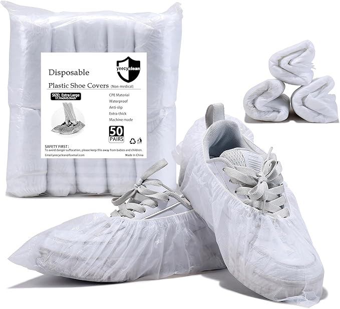 X-Large 100Pcs Shoe Covers Disposable,Boot Cover Waterproof,Dust proof,Non-slip,CPE Booties Shoes Protectors Coverings,White color,One Size Fit All