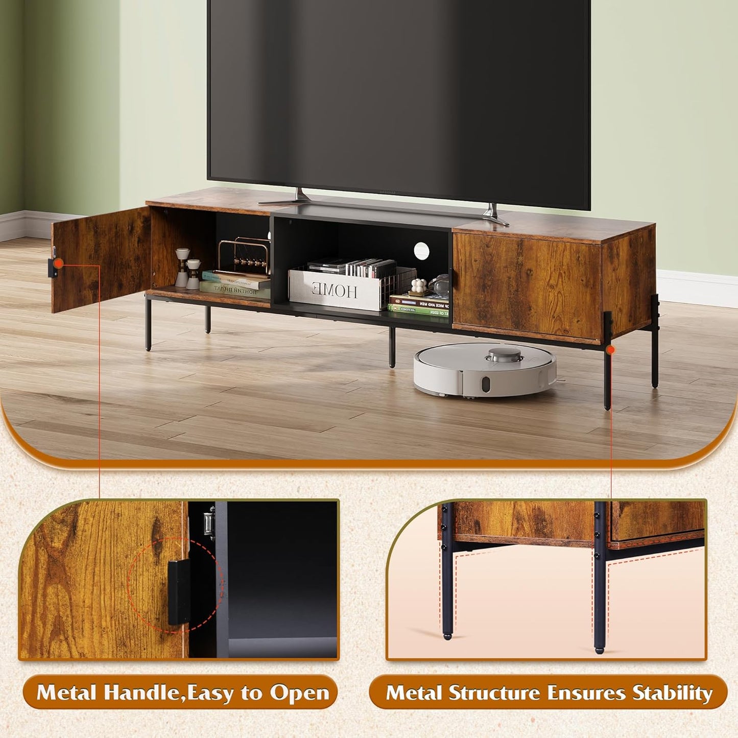 WLIVE Modern TV Stand for 65 Inch TV, Mid Century Entainment Center with Storage, TV Console with Open Shelf and 2 Cabinets for Bedroom and Living Room, TV Cabinet with Metal Legs, Rustic Brown