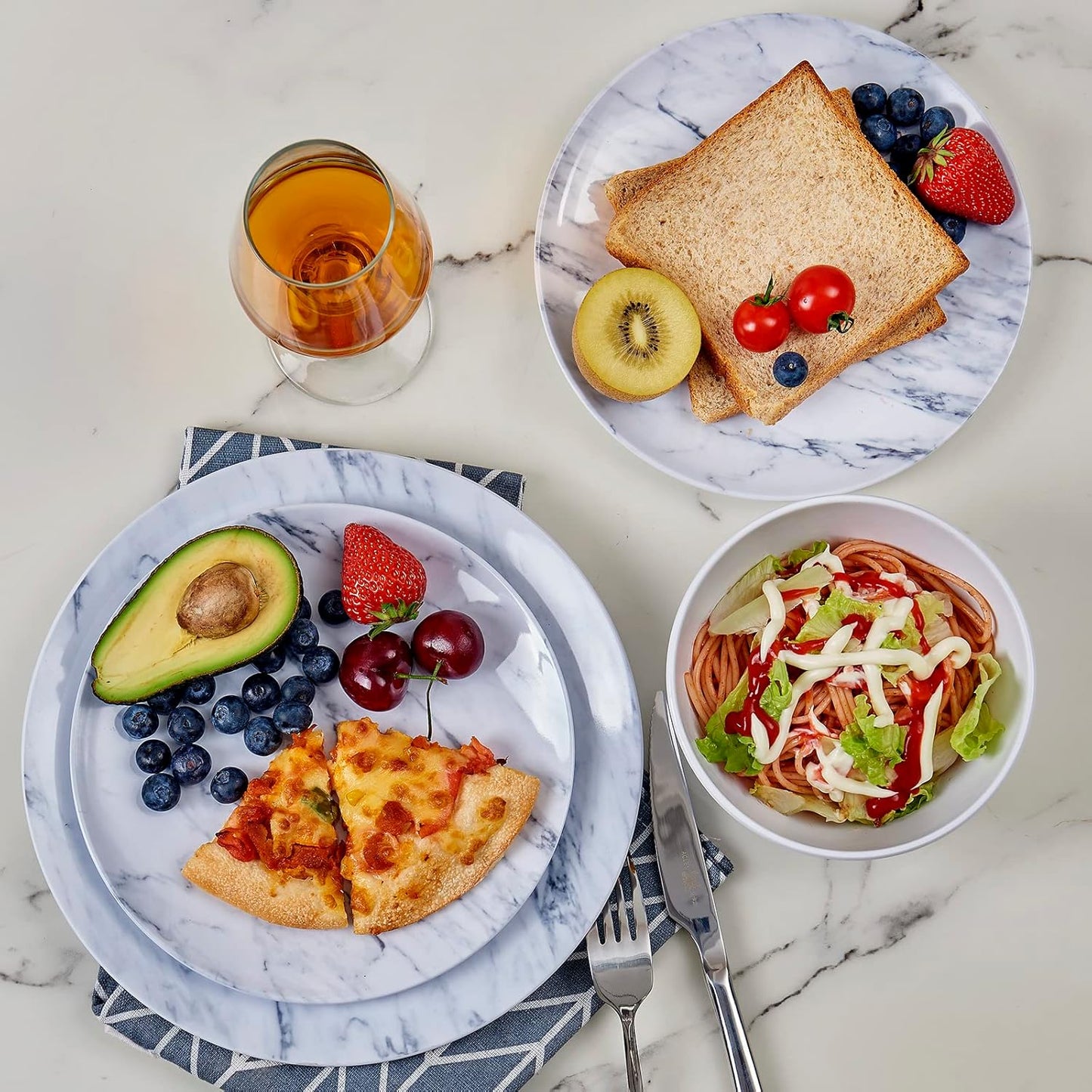 TP 12-Piece Dinnerware Set, Melamine Dishes Set with Bowls and Plates, Non-breakable and Lightweight Dinner Service for 4, Marble Pattern