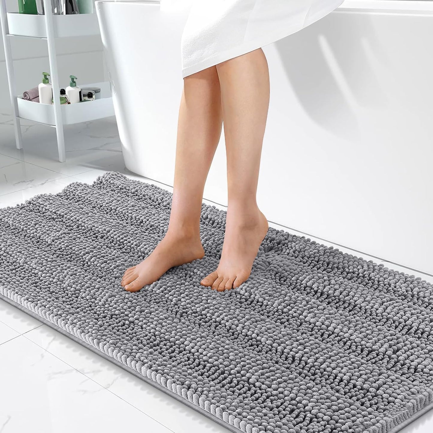 OLANLY Thick Bathroom Rugs 47x24, Extra Soft Absorbent Chenille Striped Bath Rugs, Rubber Backing, Machine Wash Dry, Bath Mats for Bathroom Floor, Tub and Shower, Home Decor Accessories, Grey
