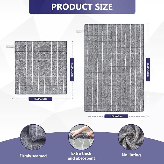 FGSAEOR Microfiber Kitchen Towels & Dish Cloths Set - Premium Ultra-Soft, Super Absorbent, Quick-Drying Dish Towels - Grey Checkered, 8-Pack (12"x12" & 18"x26") for Dishes, Multi-Purpose