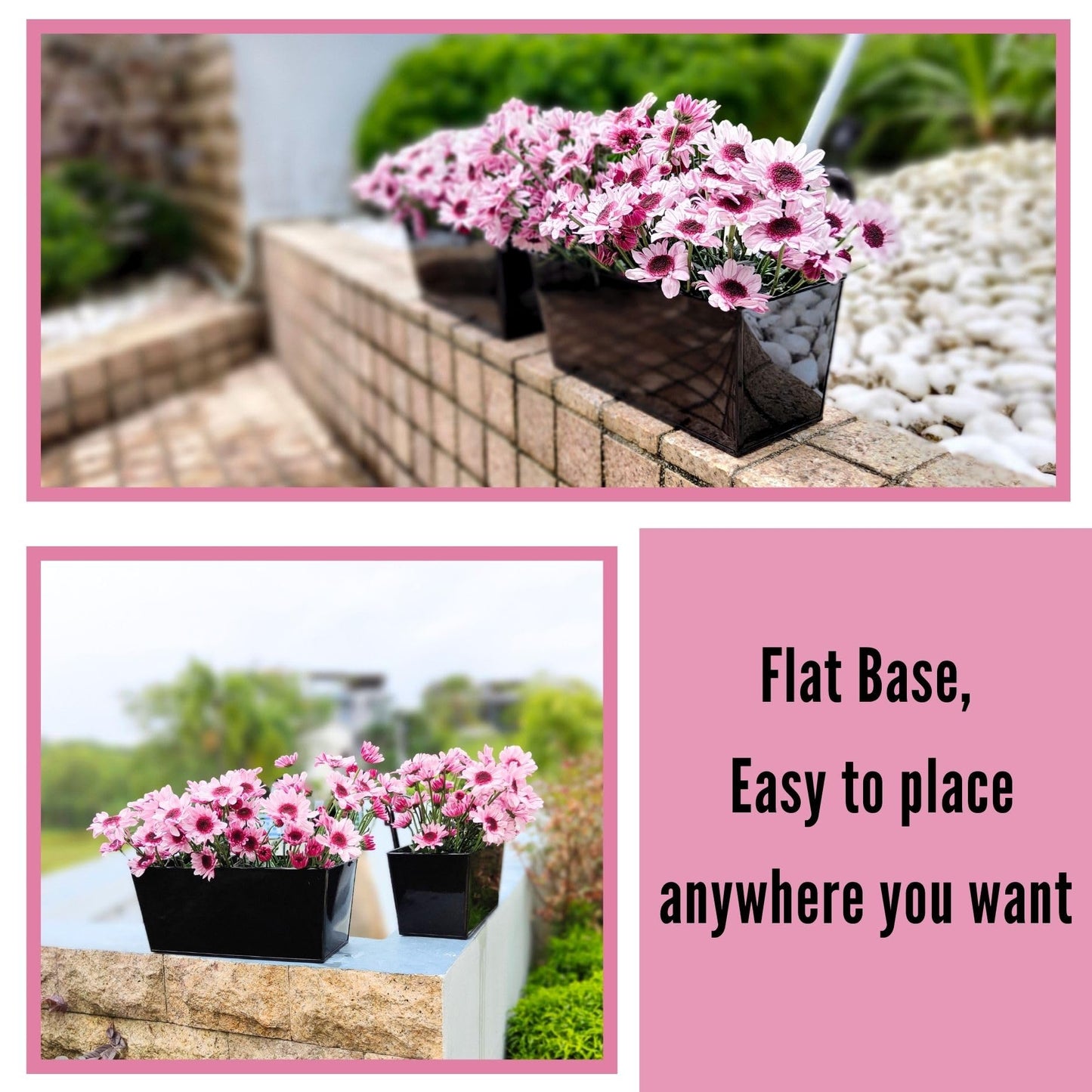 LaLaGreen Rail Planter Box (4 Pack, 16 Inch) Large Black Metal Hanging Flower Pots, Rectangle Outdoor Strawberry Plant Holder Window Balcony Deck Railing Fence Minimalist Farmhouse Countryside Style