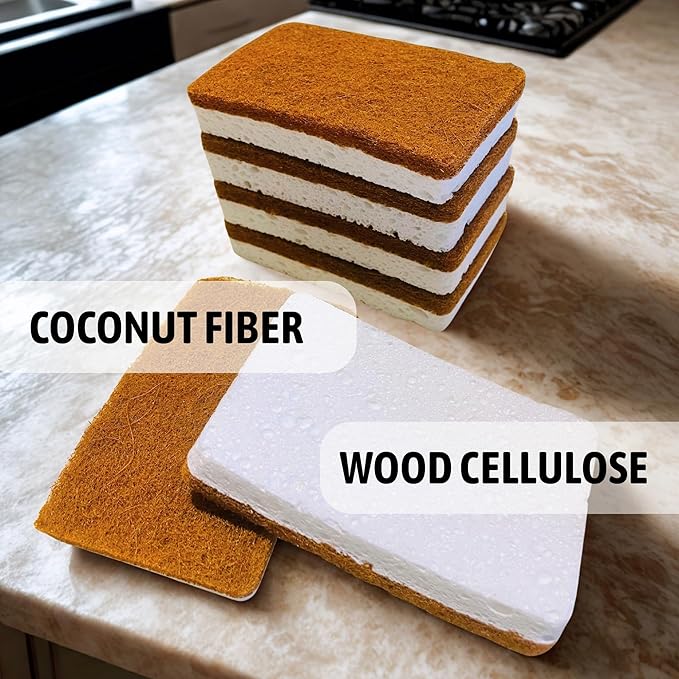 12 PCS Kitchen Sponges for Cleaning, Scrub Sponges for Dishes with Non-Scratch Scourer Pad, Natural Wood Cellulose & Coconut Fiber, for Nonstick Pans, Pots, Cups (2-in-1 Design)