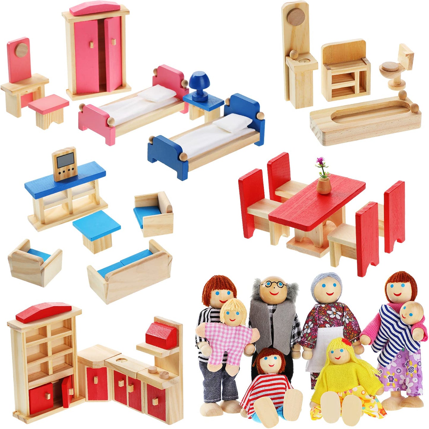 Sumind 35 Pcs Wooden Dollhouse Furniture with 8 Family Figures, Montessori Educational Wood Dolls House Accessories for 1:12 Scale, Preschool Imaginative Play Kit for Girls and Boys