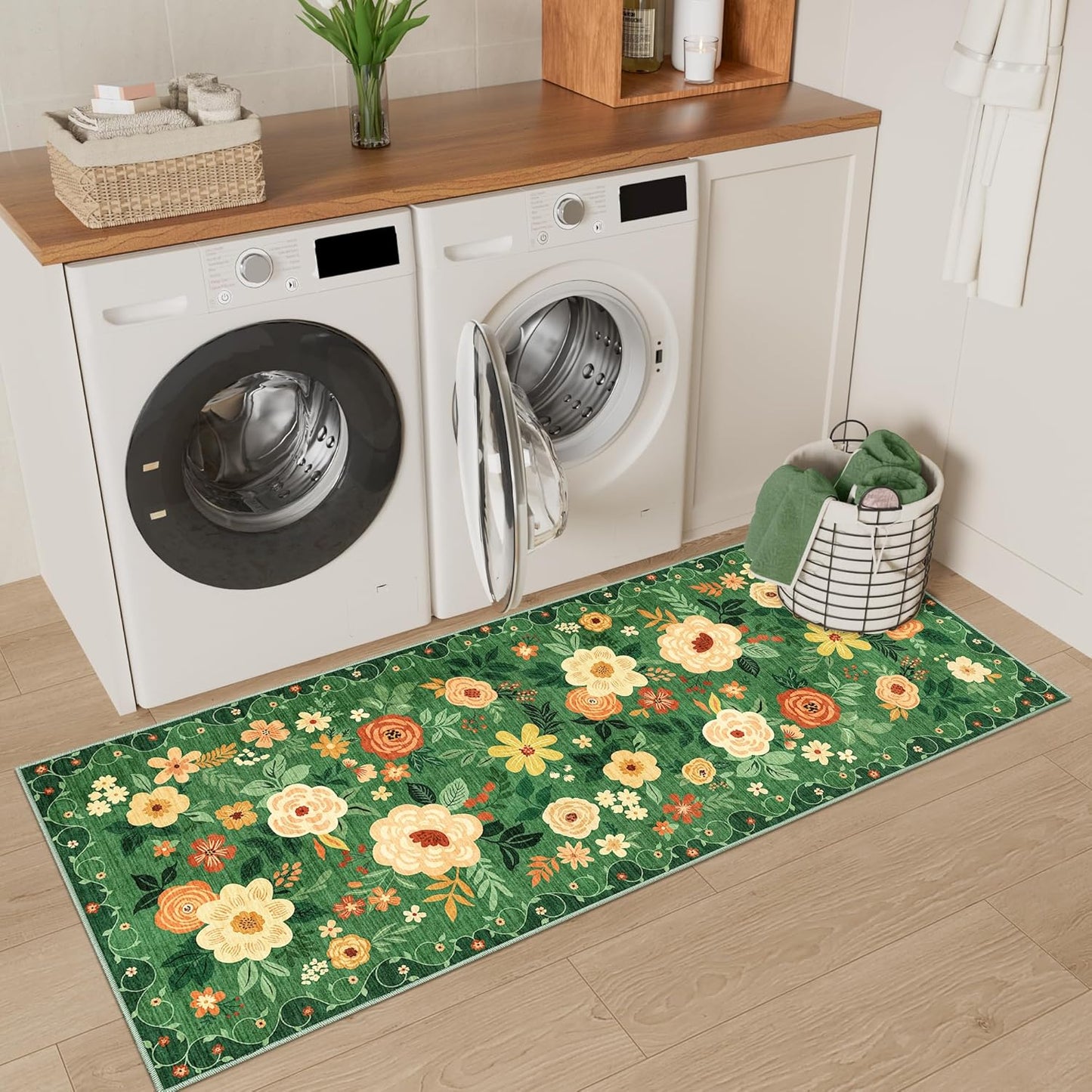 DUKINO 2x5 Runner Rug for Hallway, Washable Kitchen Floral Runner Rug with Non Slip Backing, Low Pile Soft Boho Carpet for Kitchen, Hallway, Entryway, Laundry, Bedroom, Dark Green