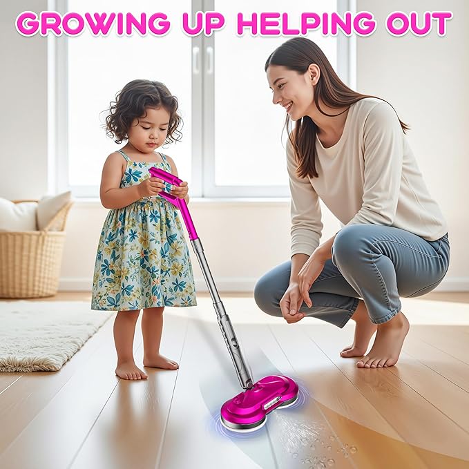 Kids Electric Spin Mop Toy, Rechargeable Cordless Electric Mop W/Water Sprayer & LED Headlight for Children Ages 3 4 5 6+ Boys & Girls, Cleaning Toy for Pretend Play (Rose Red)