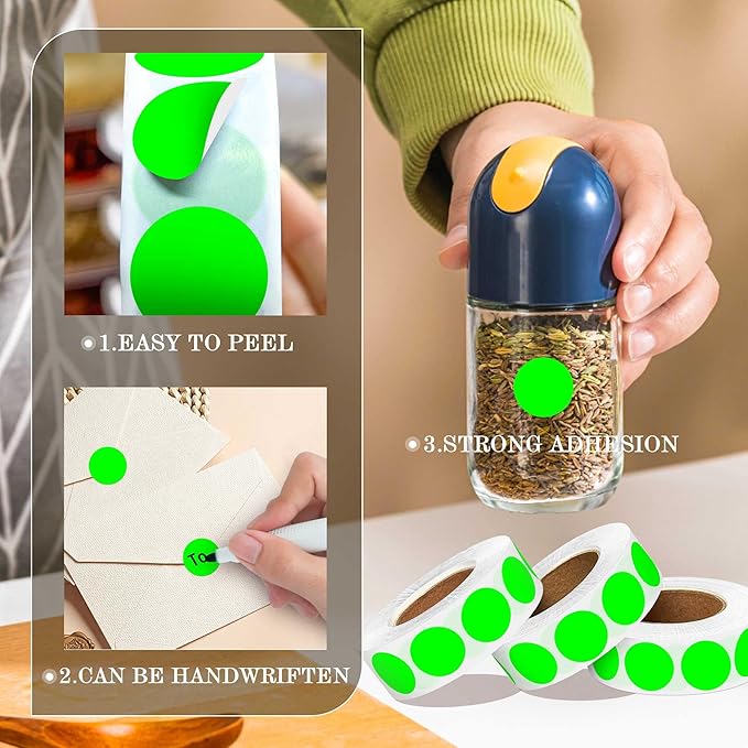 0.75 Inch 4 Rolls of 4000 Colorful Dots Sealing Stickers,Round Permanent Adhesive Color Code Label,Fluorescent Green Dot Stickers for Home Decorative, Storage Bins,Office Organization,CDs,DIY