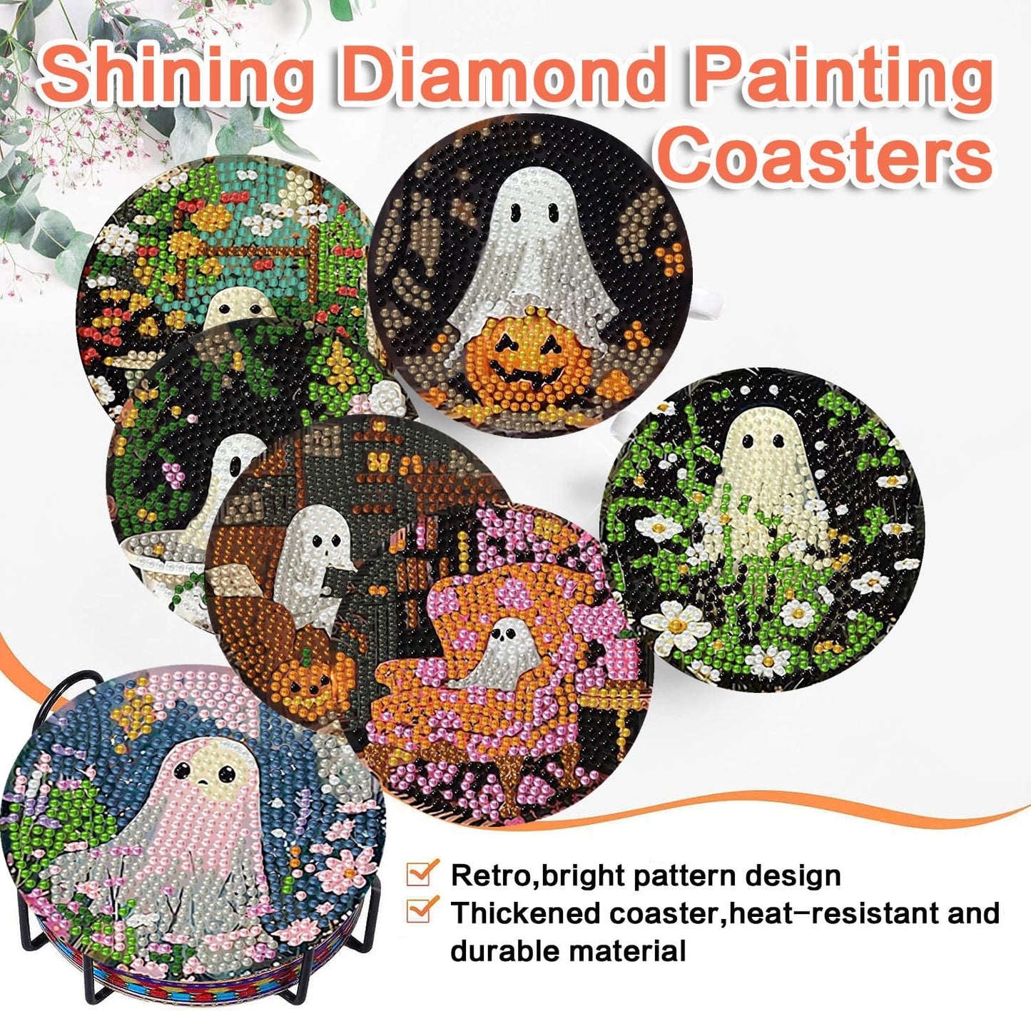 8 Pack Halloween Diamond Art Coasters Kits, Halloween Diamond Painting Coasters Kit with Holder, DIY Ghost Diamonds Art Non Slip Coaster Crafts Kits for Adults Gifts 4x4 inch (Cork Wooden Pad)