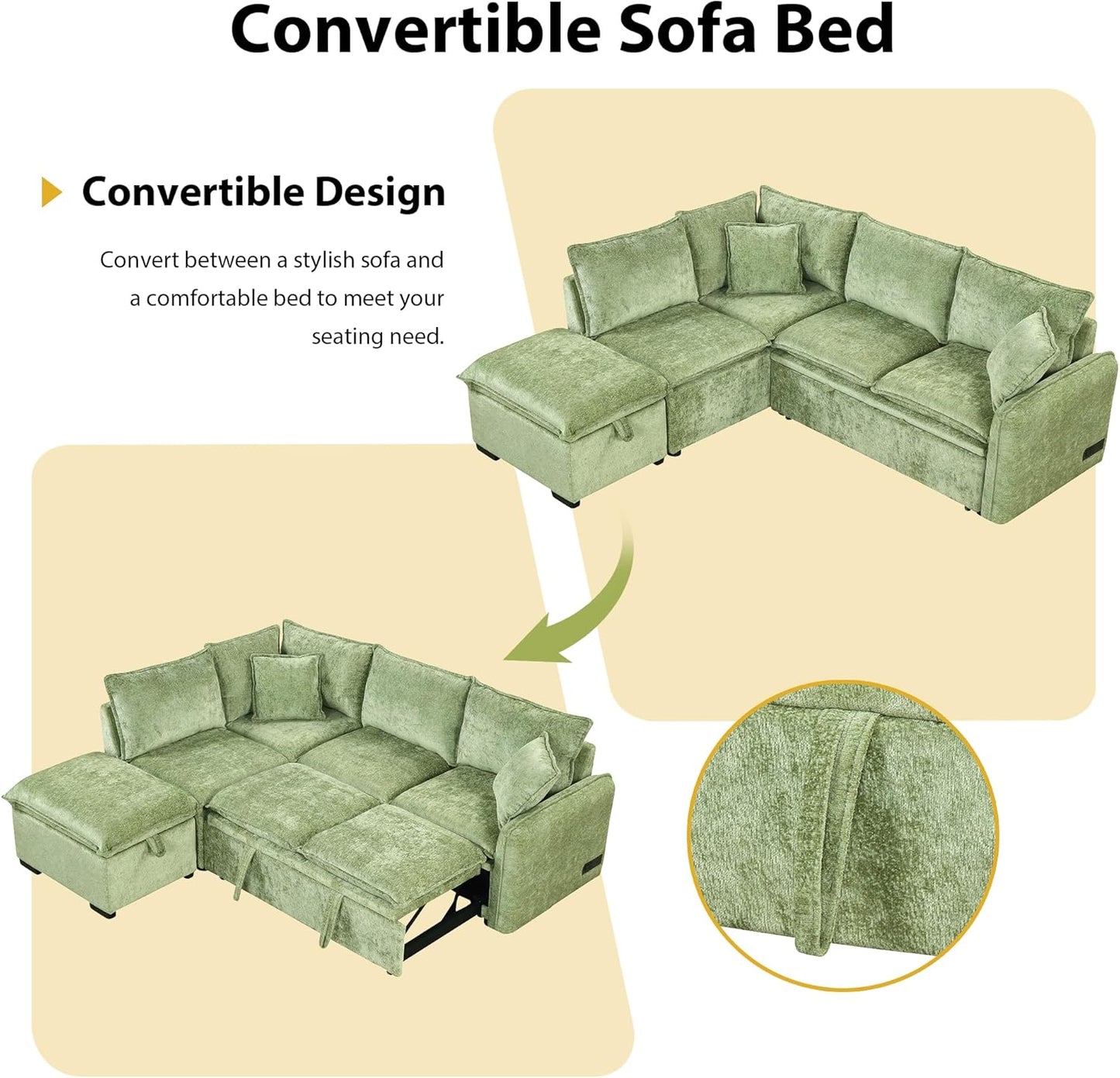 Ball & Cast 82.67" L-Shaped Sectional Pull Out Sofa with Two USB Ports,4-Seater Convertible Couch w/Power Sockets and Movable Storage Ottoman,for Living Room,Apartment,Green