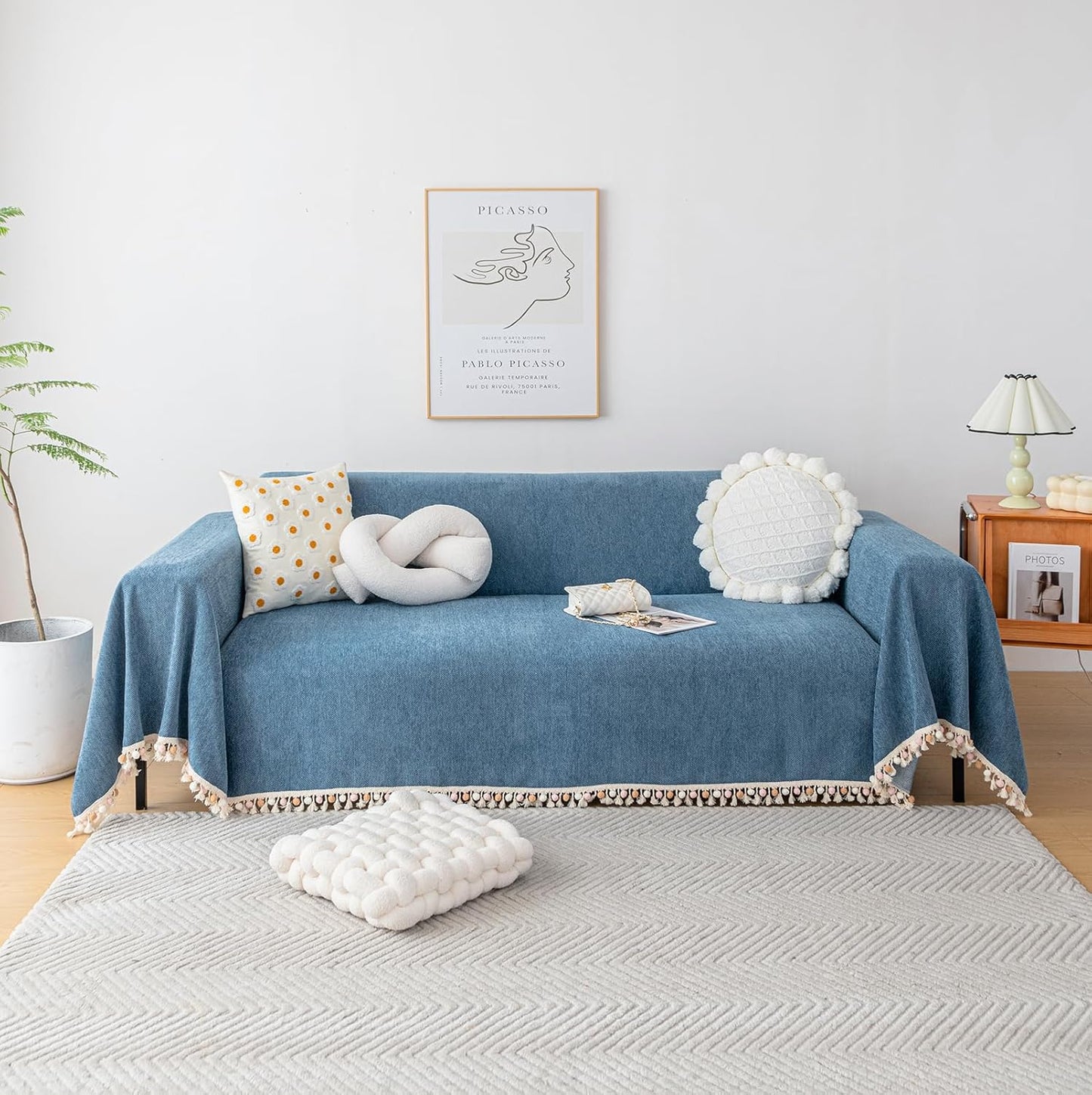 HANDONTIME Couch Slipcover Dog Sofa Covers Boho Couch Cover for Dogs Blue Sofa Throw Cover Bohemian Sofa Covers for 3 Cushion Couch Herringbone Sectional Couch Cover Slipcovers for Sofas, 91" X118"