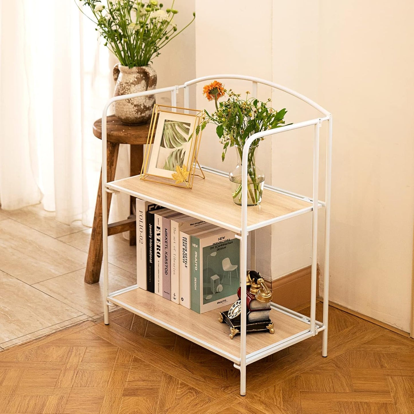 Crofy No Assembly Folding Bookshelf for Living Room, 2 Tier White Collapsible Book Shelf for Home Office, Portable Bookcase Storage Organizer