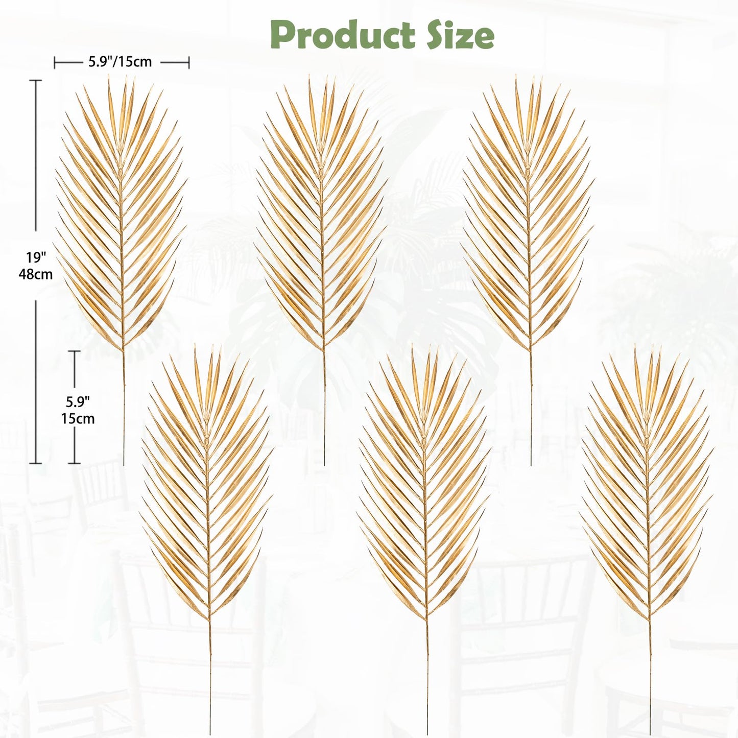 19” Large Gold Palm Leaves Palm Fronds Tropical Leaves Areca Palm Branches Artificial Palm Leaves with Stem Golden Palm Tree Leaves Faux Palm Leaves for Floral Arrangement Fake Gold Leaves 6Pcs