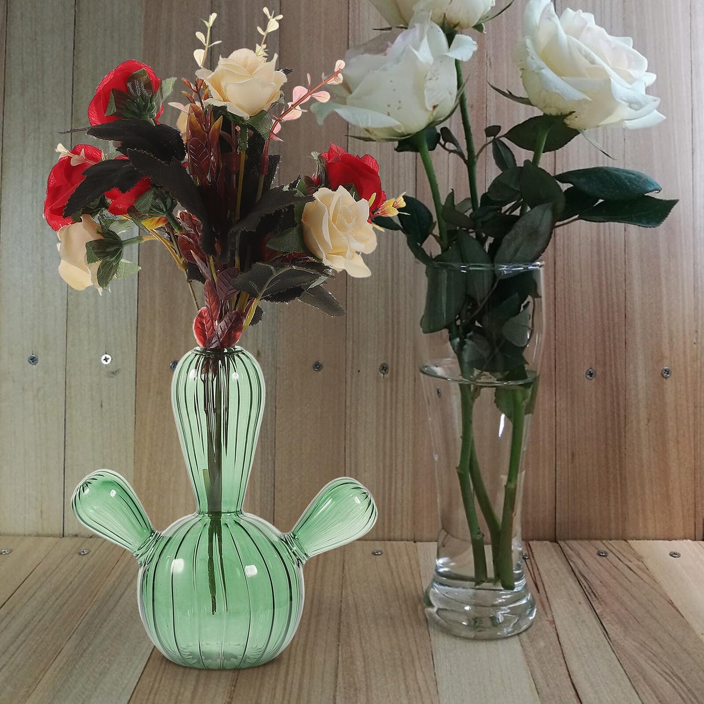 Cabilock Small Green Glass Cactus Vase Hydroponic Plant Pot Decorative Terrarium Flower Vase for Table Centerpiece Home Office Décor