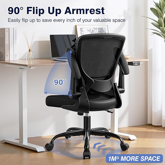 Ergonomic Office Chair, Mesh Computer Chairs with Lumbar Support, Swivel Desk Chair with Flip-up Arms and Adjustable Height, Black
