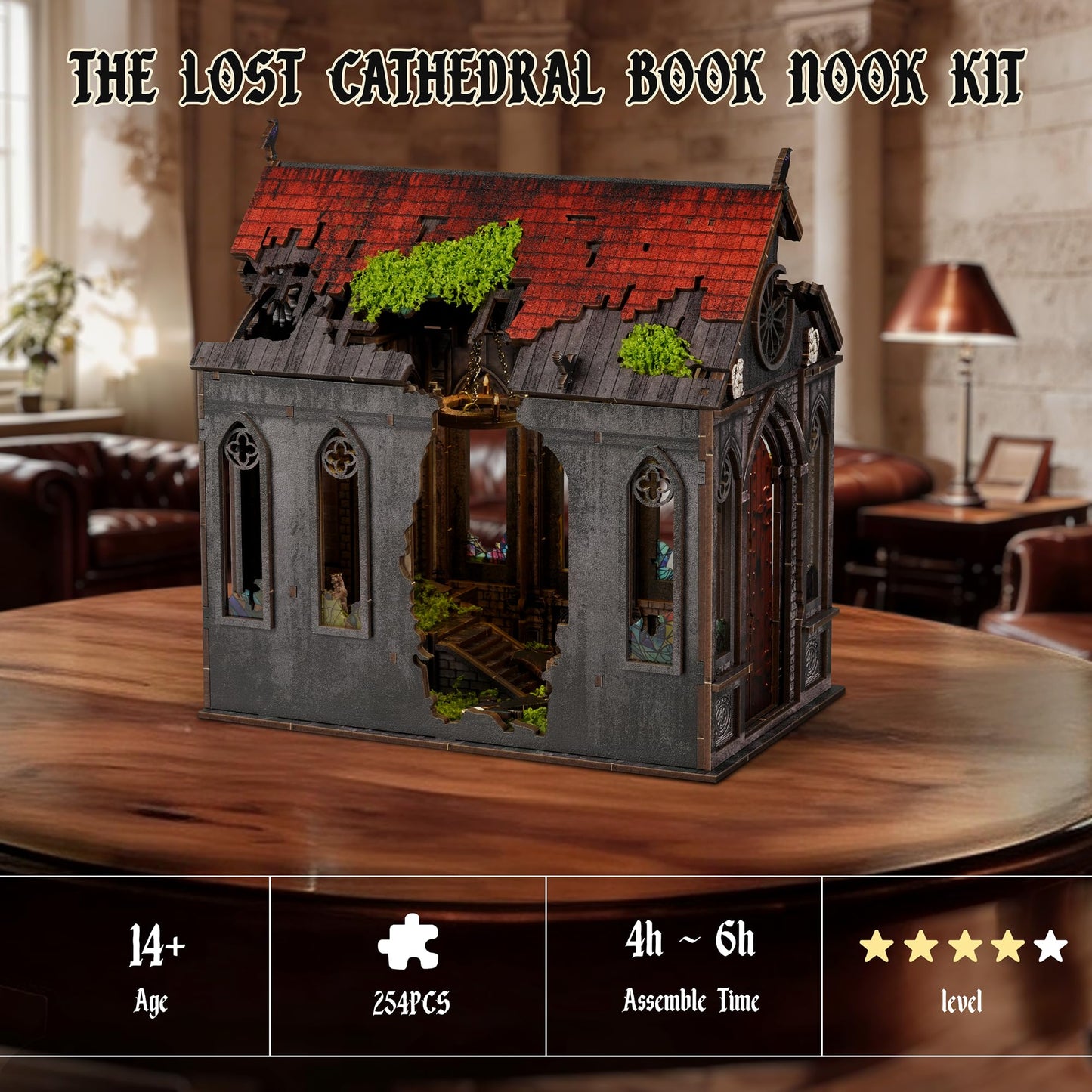 Lost Cathedral Miniature House Kit - DIY Miniature Kit for Adults, Teens, Dollhouse Booknook Bookshelf Insert Decor with LED Light, 3D Wooden Puzzle Gifts for Family, Friends