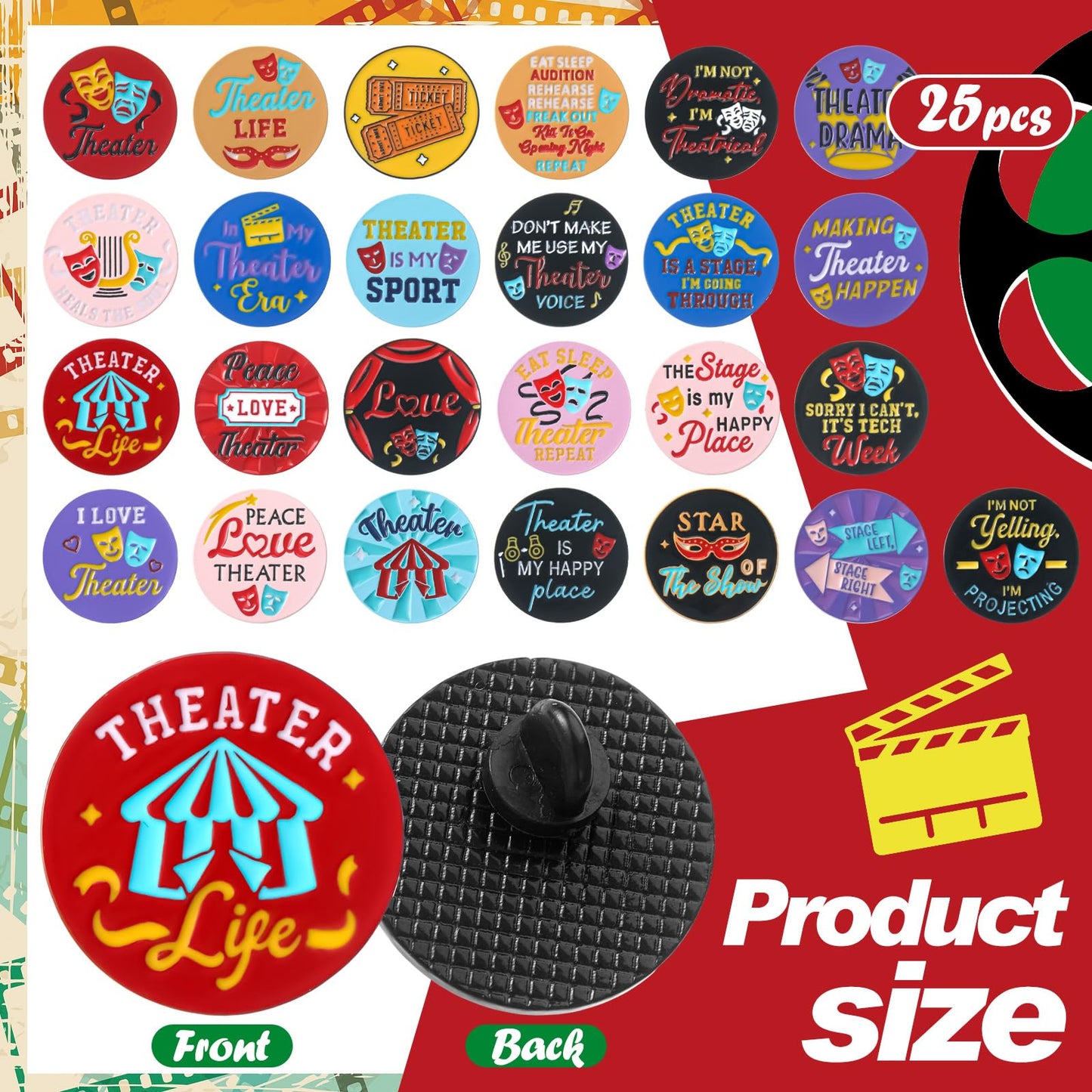 Huquary Theater Pins Bulk Musical Theater Gifts Broadway Comedy Tragedy Mask Enamel Pins Charms Performance Award Theater Lapel Badge for Drama Lovers Events Groups Party Favors(25 Pcs,Theater Theme)