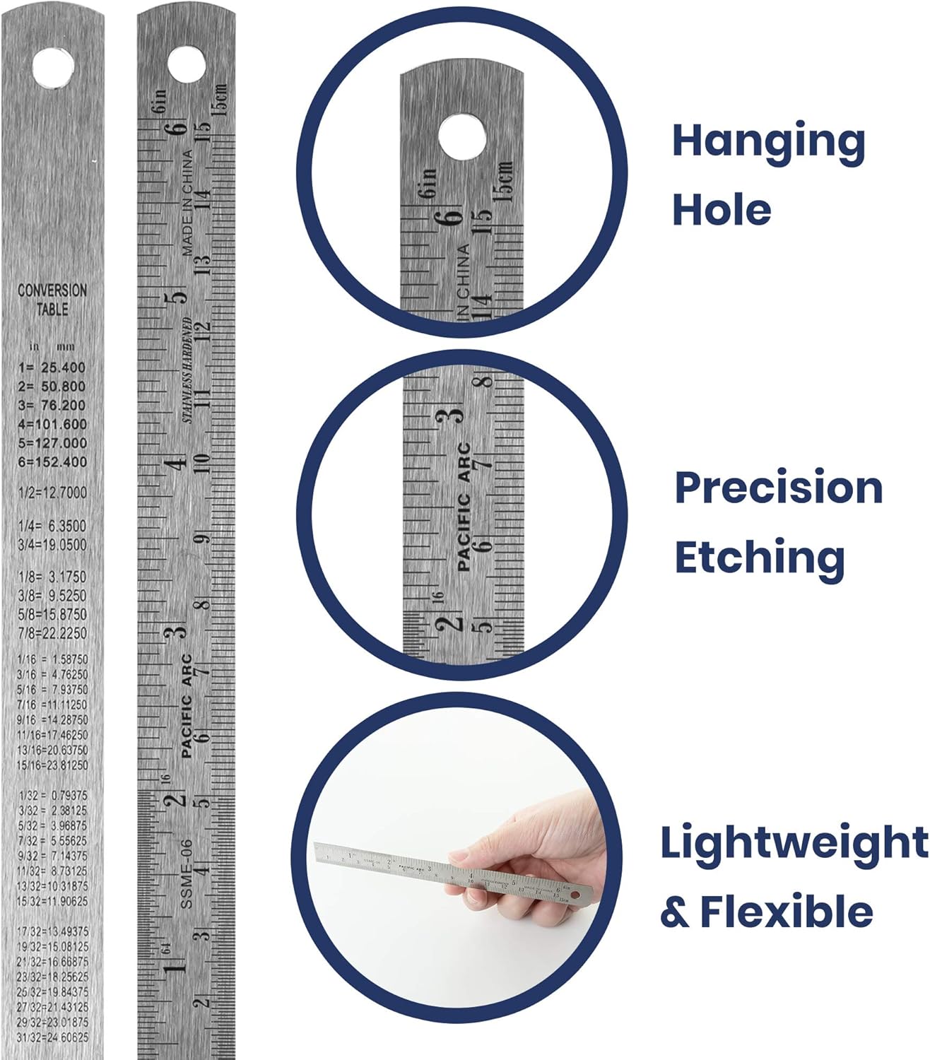 Pacific Arc 6 Inch Stainless Steel Ruler with Inch/Metric Conversion Table, 2 Pack
