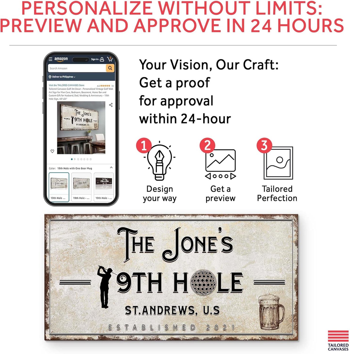 TAILORED CANVASES Golf Art Decor - Personalized Vintage Golf Wall Art Sign for Man Cave, Bedroom, Basement, Home Bar and Custom Gift for Husband, Dad, Wedding & Anniversary - 19th Hole Sign, 20"x10"