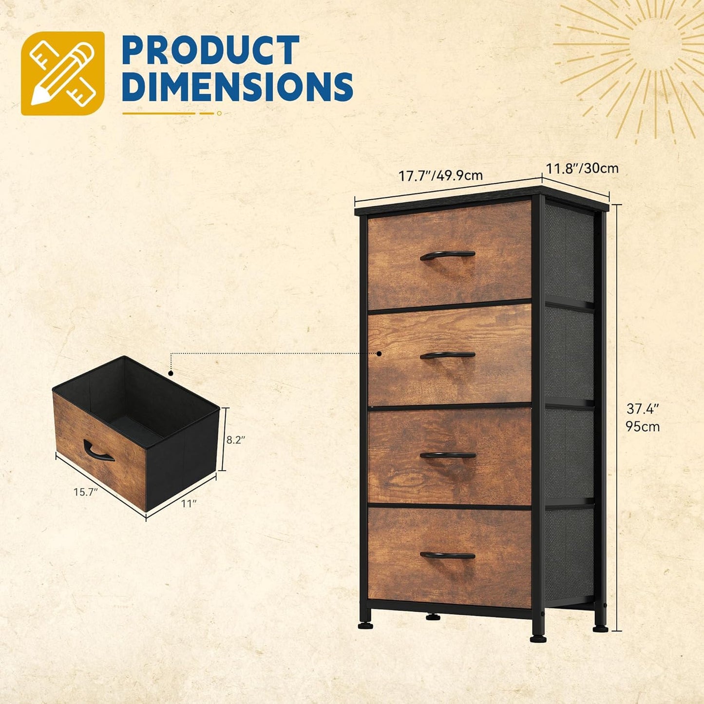 DWVO Dresser with 4 Drawers - Fabric Storage Tower, Organizer Unit for Living Room, Hallway, Closets