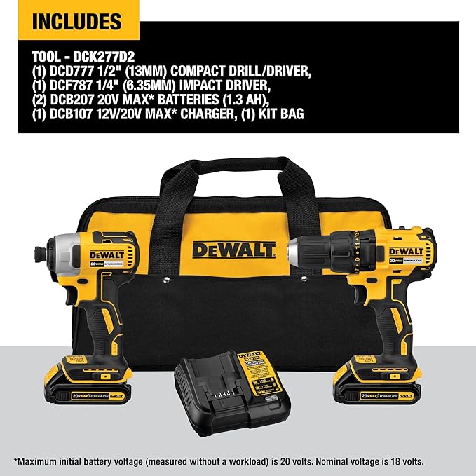 DEWALT 20V MAX Cordless Drill and Impact Driver, Power Drill Brushless 2-Tool Power Tool Combo Kit, Includes 2 Batteries, Charger and Bag (DCK277D2)