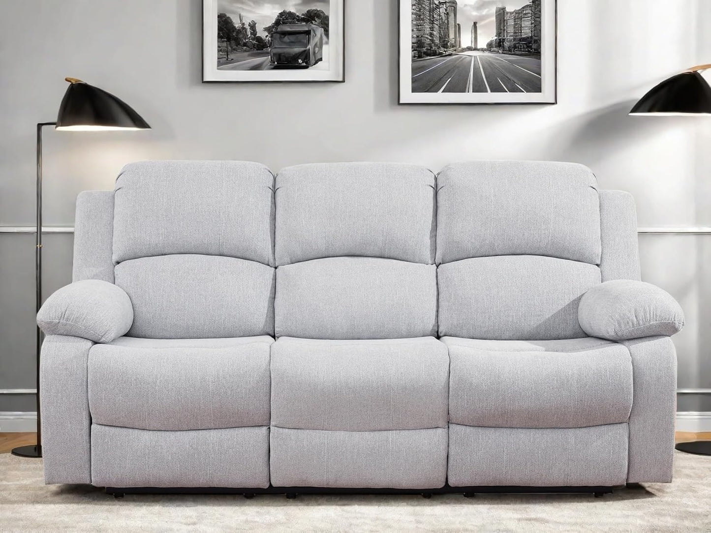 Recliner Sofa Couch, 3-Seater Home Theater Seating Reclining Sofa, Power Reclining Couch with Cup Holders & Drop Down Table for Living Room Furniture Sets, Grey White
