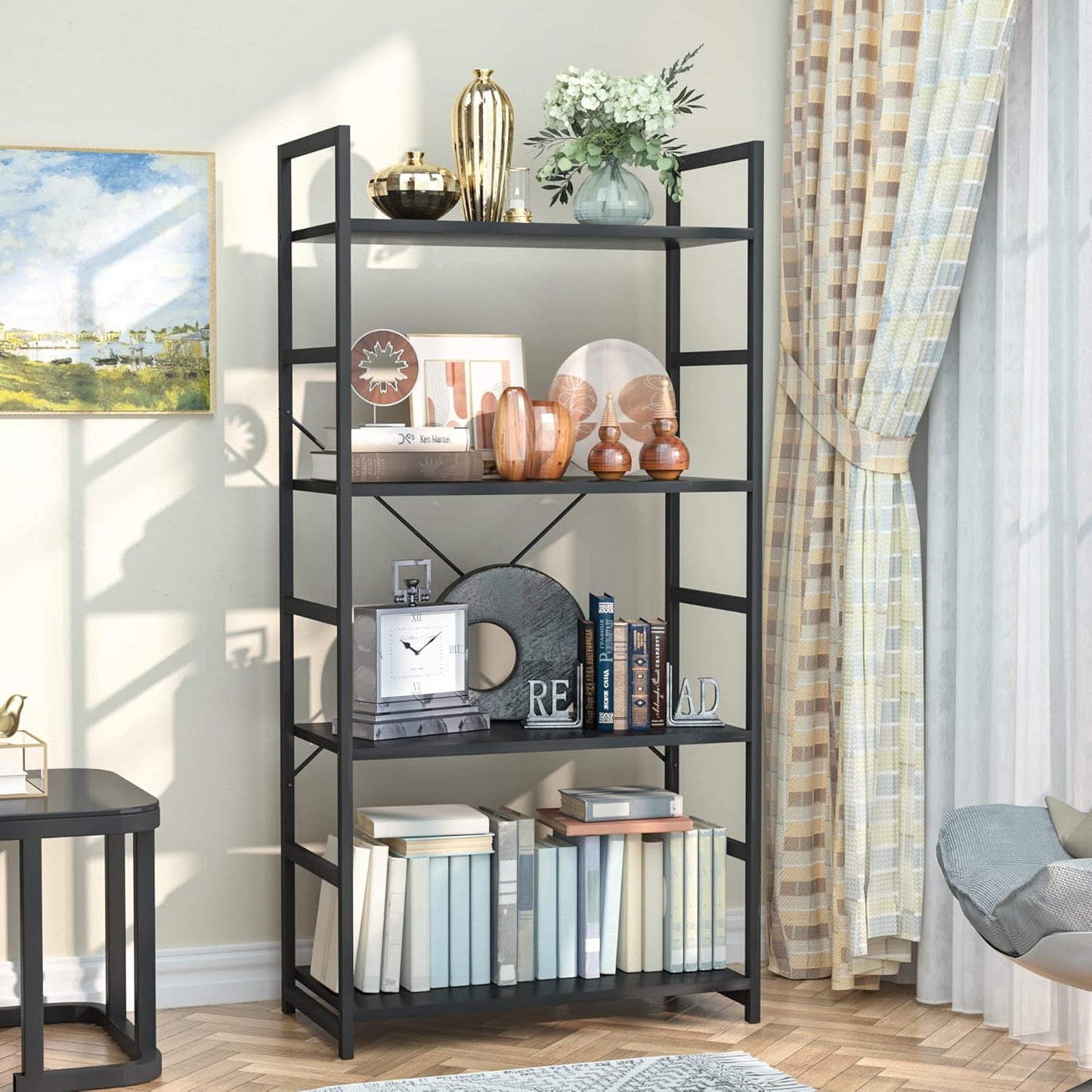 NUMENN 4 Tier Bookshelf, Tall Bookcase Shelf Storage Organizer, Modern Book Shelf for Bedroom, Living Room and Home Office, Black