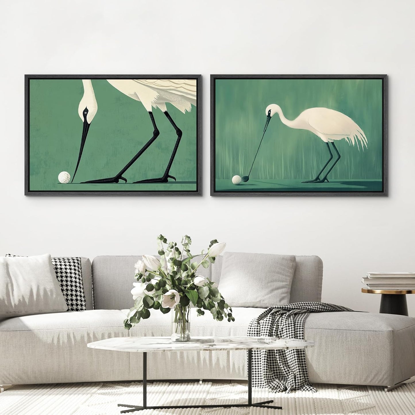 SIGNWIN Framed Canvas Print Wall Art Set Funny Crane Playing Golf Whimsical Bird Illustrations Modern Art Rustic Minimal for Living Room, Bedroom, Office - 16"x24"x2 Black